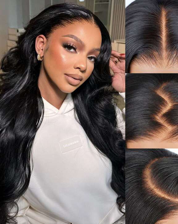 Megalook 13x4 Lace Frontal Body Wave Wigs Invisible knots Natural Black Natural Hairline
