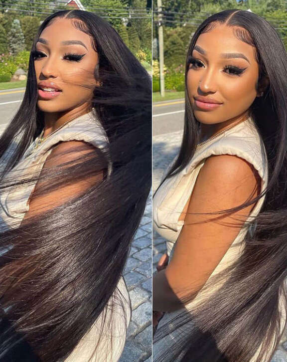 Megalook 13x4 Lace Frontal Straight Wigs Invisible Knots Natural Black Natural Edges Breathable Cap