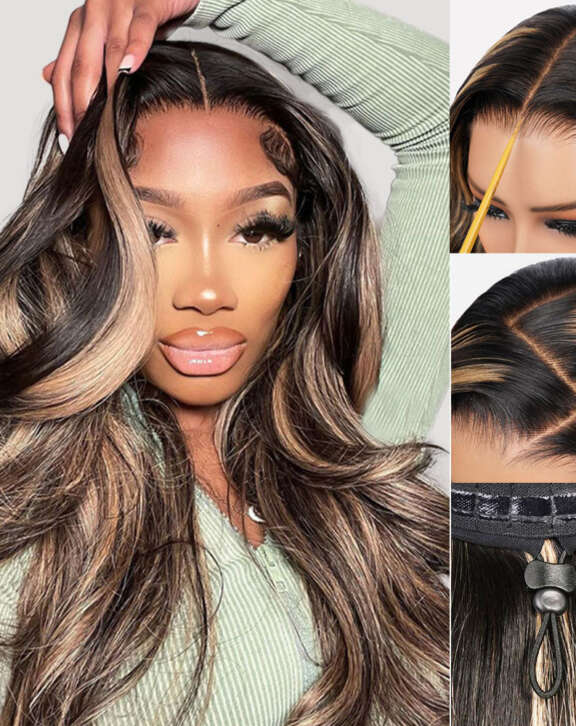 Megalook 13x6 Three-Go™ Balayage Highlight Glueless Wigs Silky Straight With Drawstring 100% Human Hair Wig