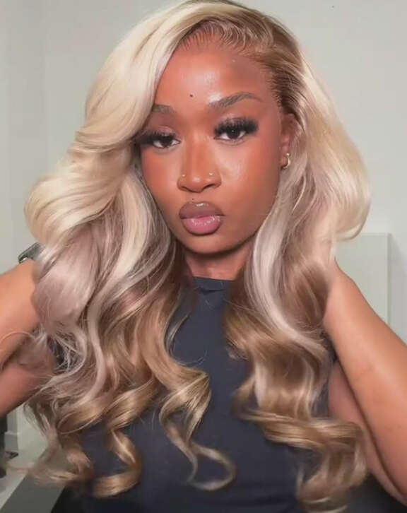 Megalook 13x6 Three-Go™ Blonde And Brown Ombre Glueless Wigs Loose Body Wave With Drawstring 100% Human Hair