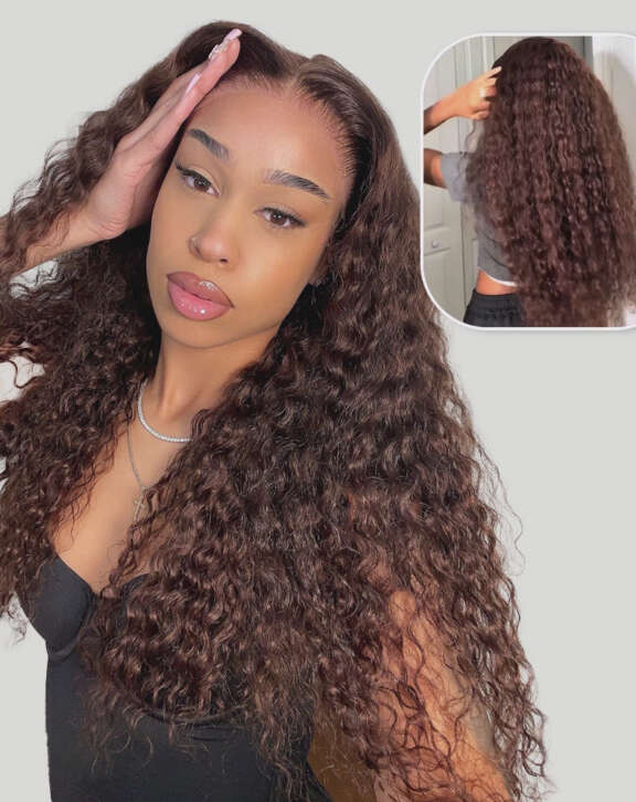 Megalook 13x6 Three-Go™ Chocolate Brown Glueless Wigs Water Wave with Drawstring 100% Human Hair Wig