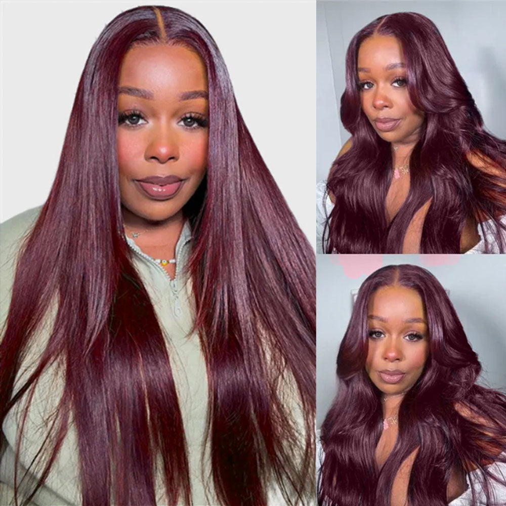 Megalook 13x6 Three-Go™ Dark Plum Glueless Wigs Body Wave With Drawstring 100% Human Hair Wig