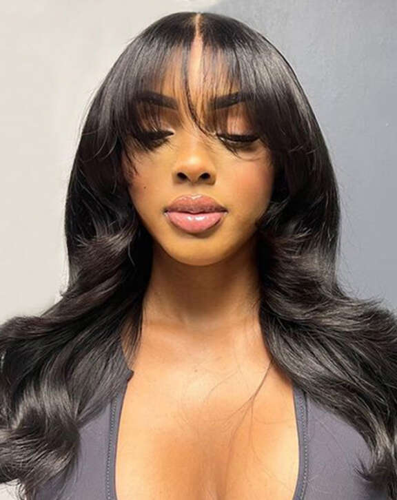 Megalook 13x6 Three-Go™ Glueless Body Wave Wig With Bangs With Drawstring Natural Black 100% Human Hair Wig