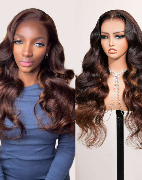 Megalook 13x6 Three-Go™ Glueless Wig Chestnut Brown Ombre Body Wave With Drawstring 100% Human Hair Wig