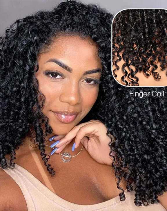 Megalook 13x6 Three-Go™ Glueless Wig Finger Coil Hair With Drawstring 100% Human Hair Wig