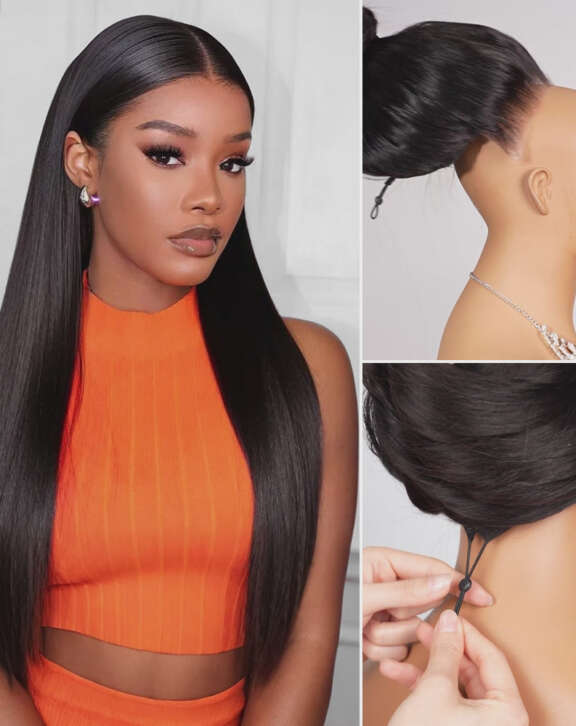 Megalook 13x6 Three-Go™ Glueless Wig Straight With Drawstring Natural Black 100% Human Hair Wig