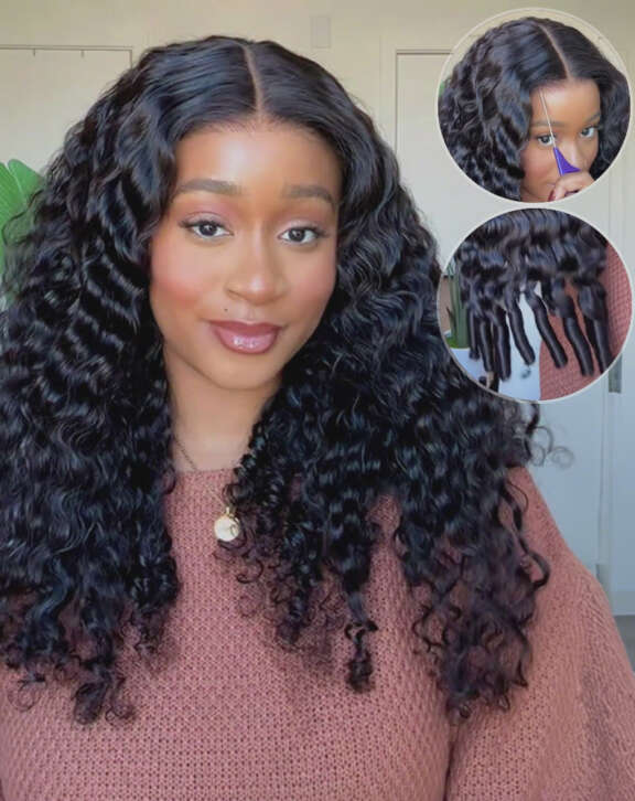 Megalook 13x6 Three-Go™ Glueless Wig Water Wave With Finger Coil Ends With Drawstring 100% Human Hair Wig