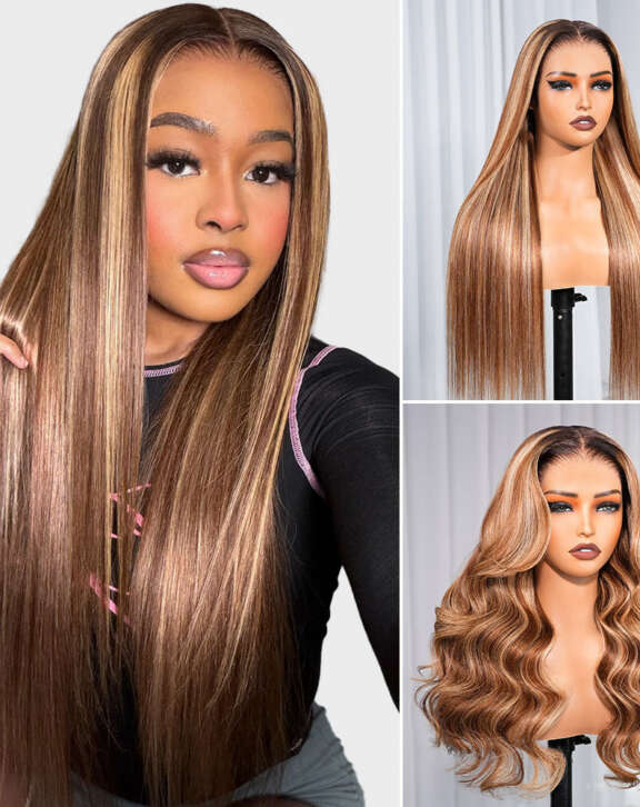 Megalook 13x6 Three-Go™ Highlight Honey Blonde Glueless Wigs Silky Straight With Drawstring 100% Human Hair Wig