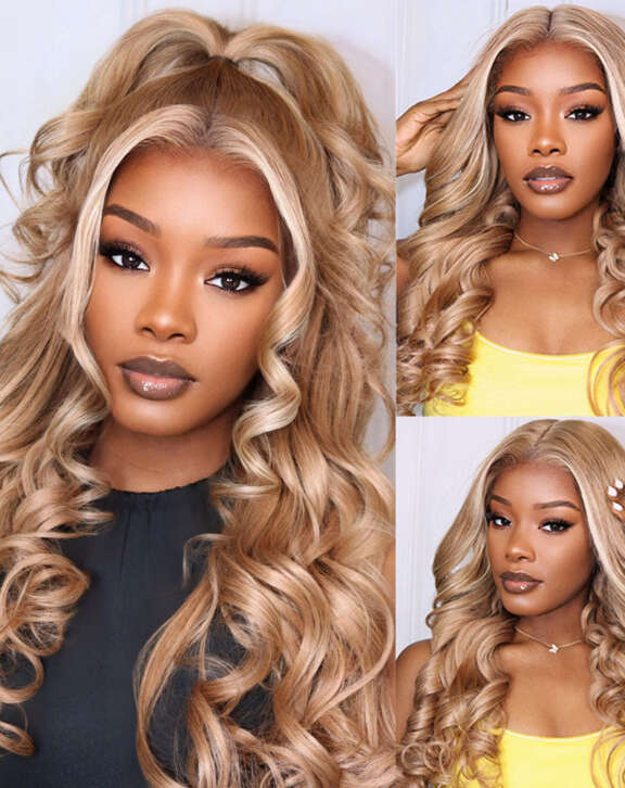 Megalook 13x6 Three-Go™ Milk Tea Brown With Highlight Glueless Body Wave With Drawstring 100% Human Hair Wig
