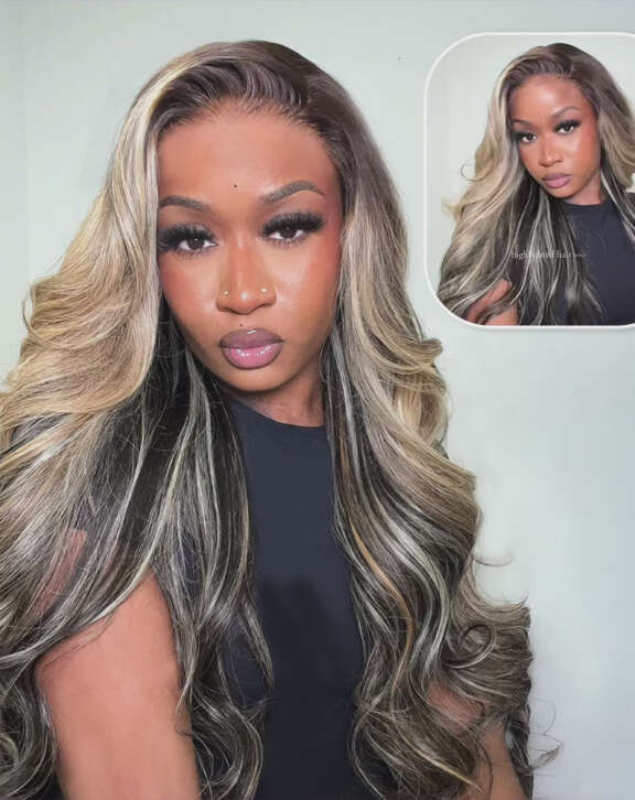 Megalook 13x6 Three-Go™ Ombre Platinum Blonde Balayage Highlights Glueless Wigs Body Wave With Drawstring 100% Human Hair Wig