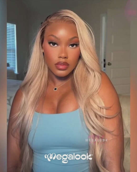 Megalook 6x5 Invisible Knots & 13x4 Lace Frontal Ash Blonde Ombre Loose Body Wave Wigs Natural Hairline