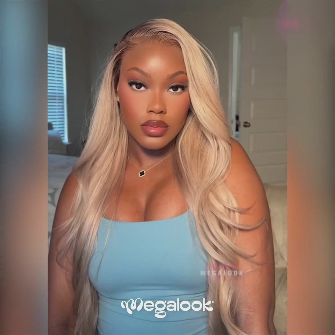 Megalook 6x5 Invisible Knots & 13x4 Lace Frontal Ash Blonde Ombre Loose Body Wave Wigs Natural Hairline