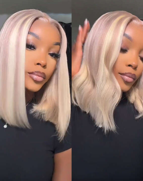 Megalook 6x5 Invisible Knots & 13x4 Lace Frontal Blonde Highlight Straight Bob Wigs Realistic Hairline Beginner Friendly