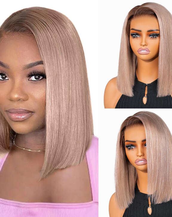 Megalook 6x5 Invisible Knots Ash Blonde Ombre Straight Bob Wigs With Pre-Cut Lace Natural Hairline